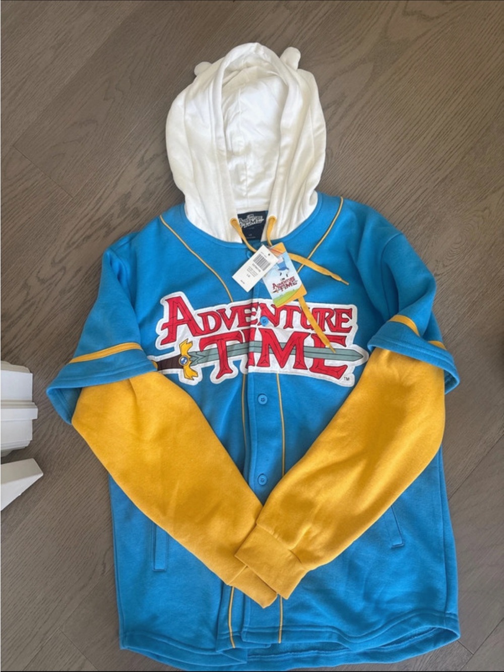 Adventure Time Blue, Yellow & White Hooded Baseball Pullover Mens large